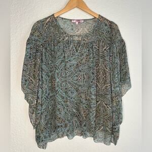 Calypso St. Barth 100% Silk Paisley Blue Blouse Top Boho Peasant Cottage Fairy